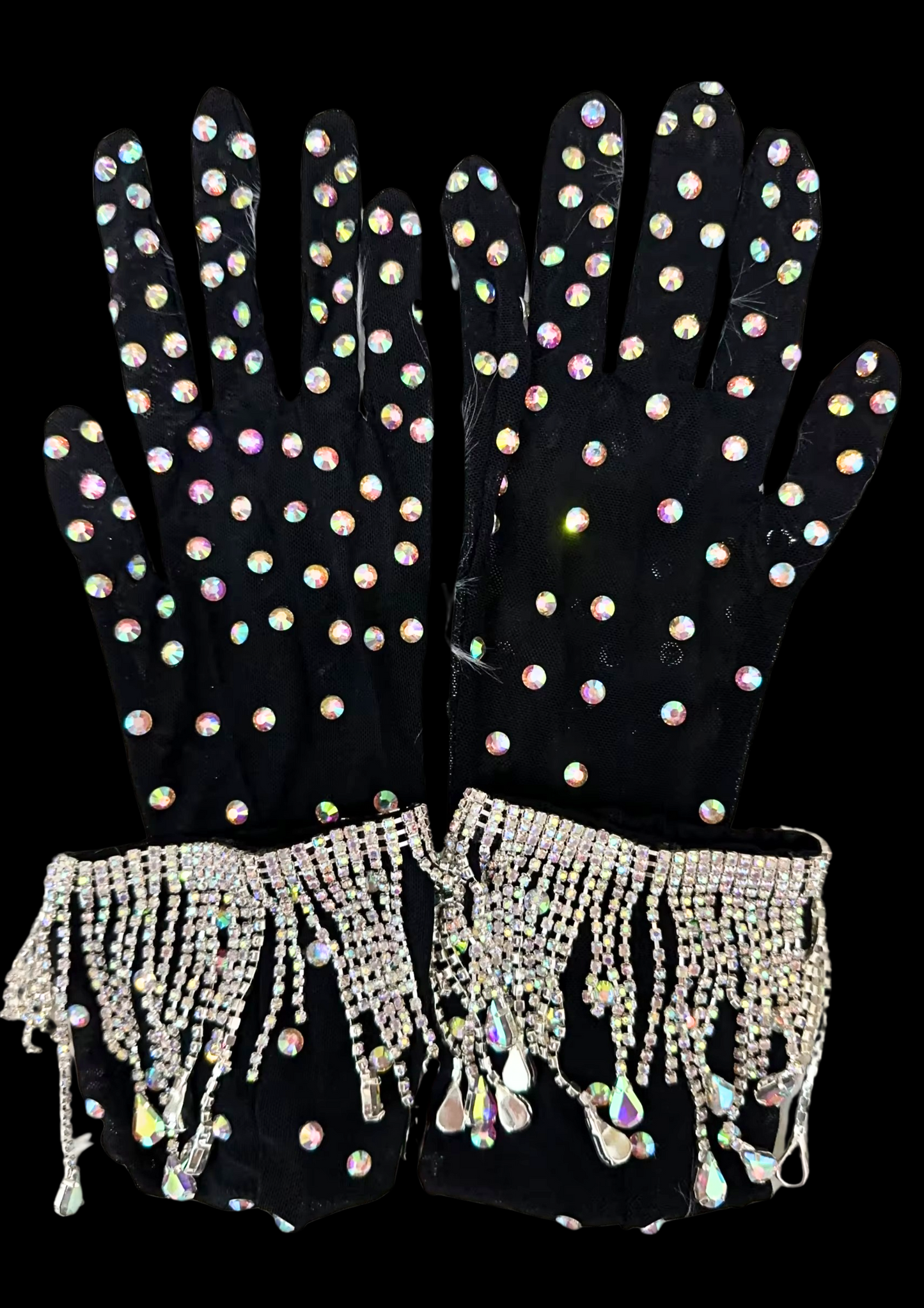 Black gloves adorned with shimmering crystals and fringe detailing.