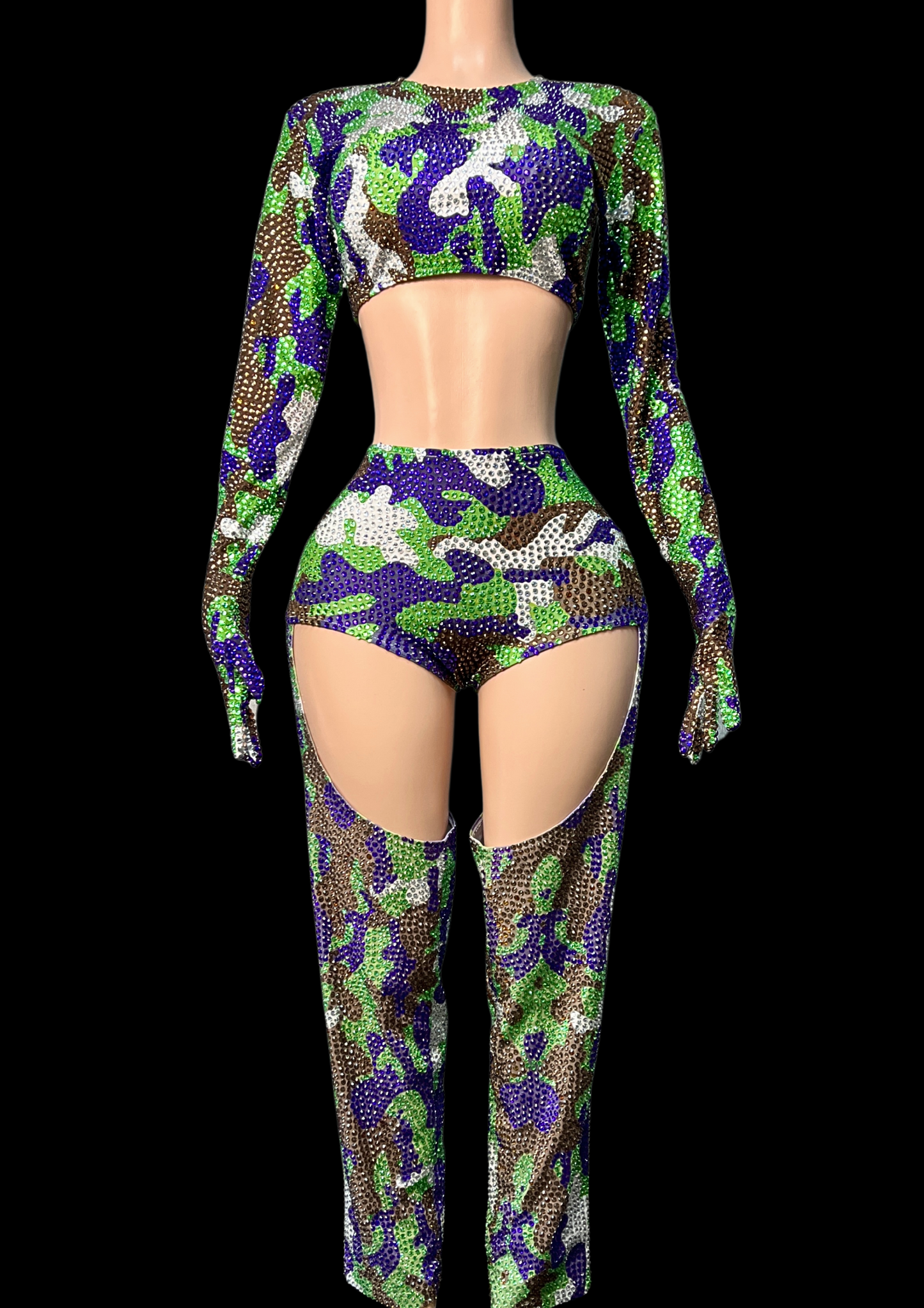 Colorful army-inspired party costume set with crop top and high-waisted bottoms.