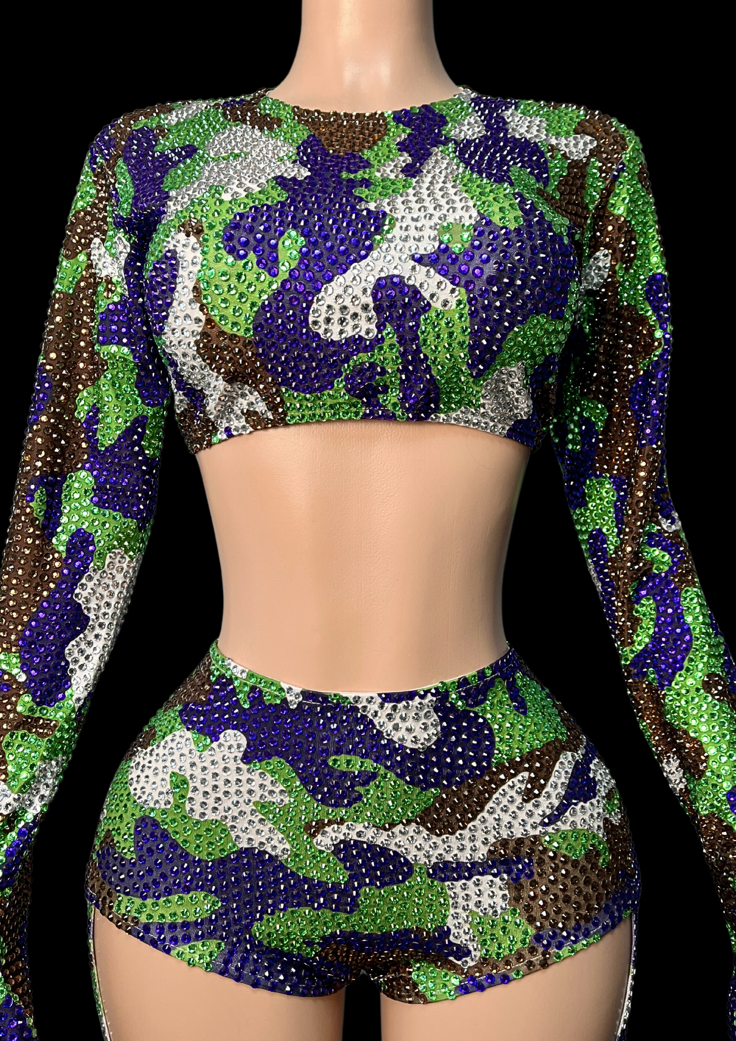 Party Costume Set: Army Babe inspired by Beyoncé, camouflage pattern, mannequin display.