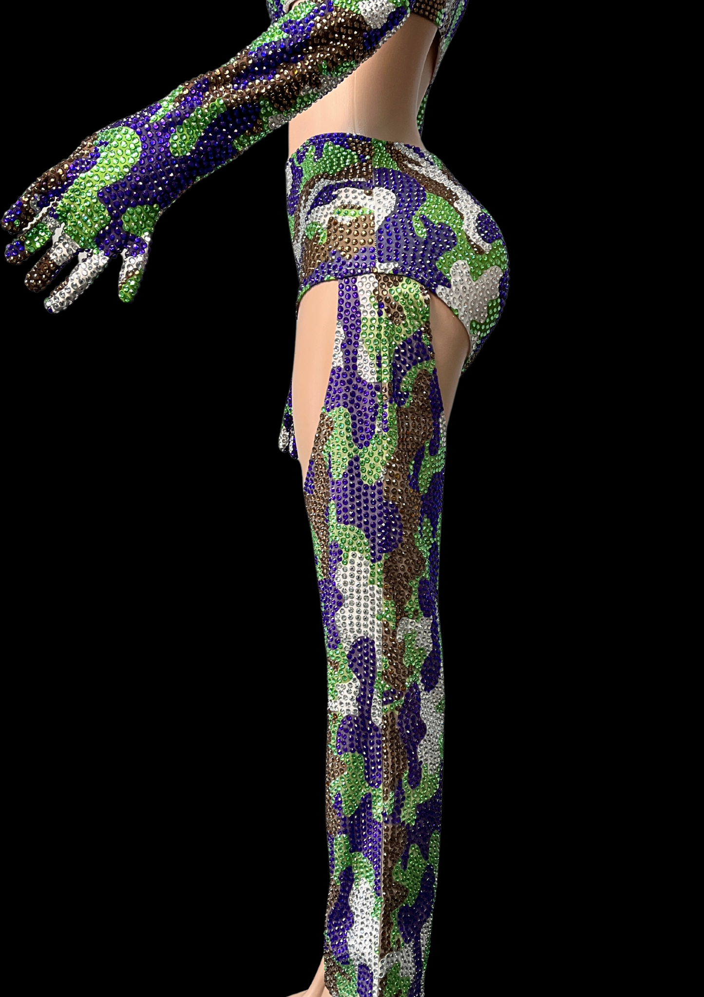 Party costume set resembling army attire with green, purple, and white sequin pattern.
