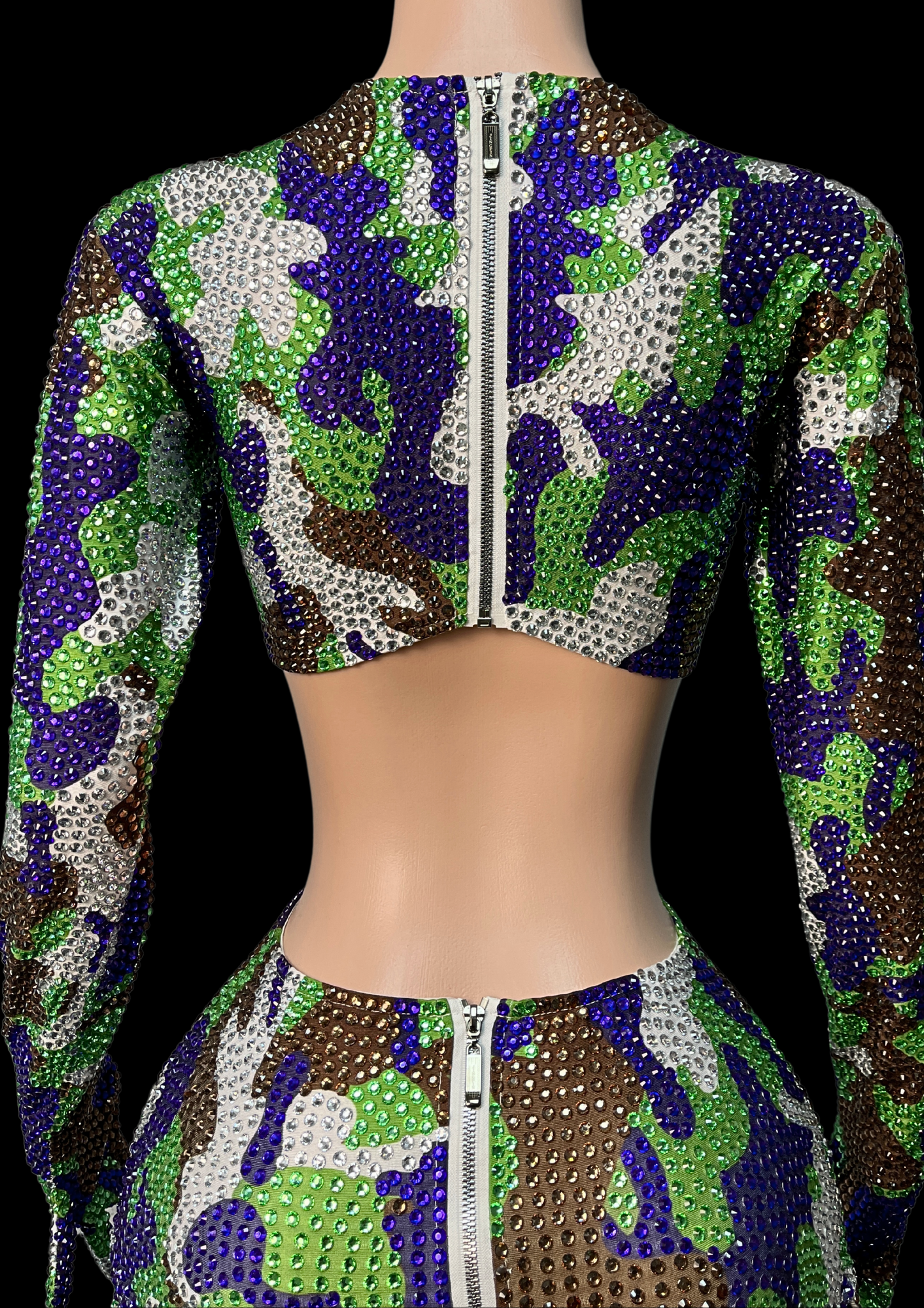 Party costume set in sequin camo print, inspired by Beyoncé.