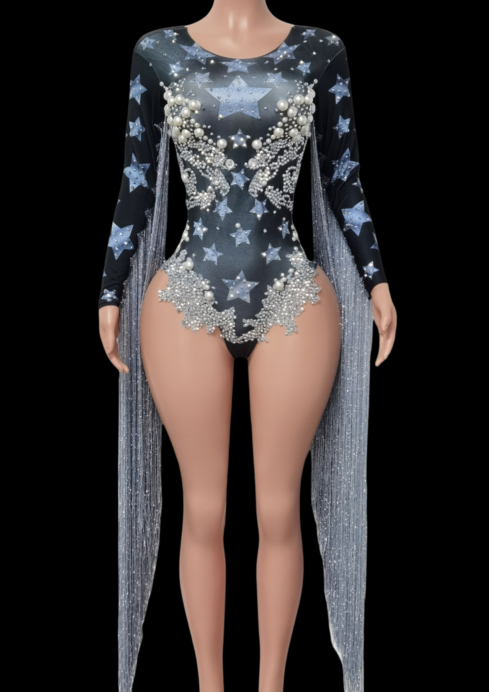 Party Romper Claire with star and pearl embellishments, long sleeves, and fringe details.