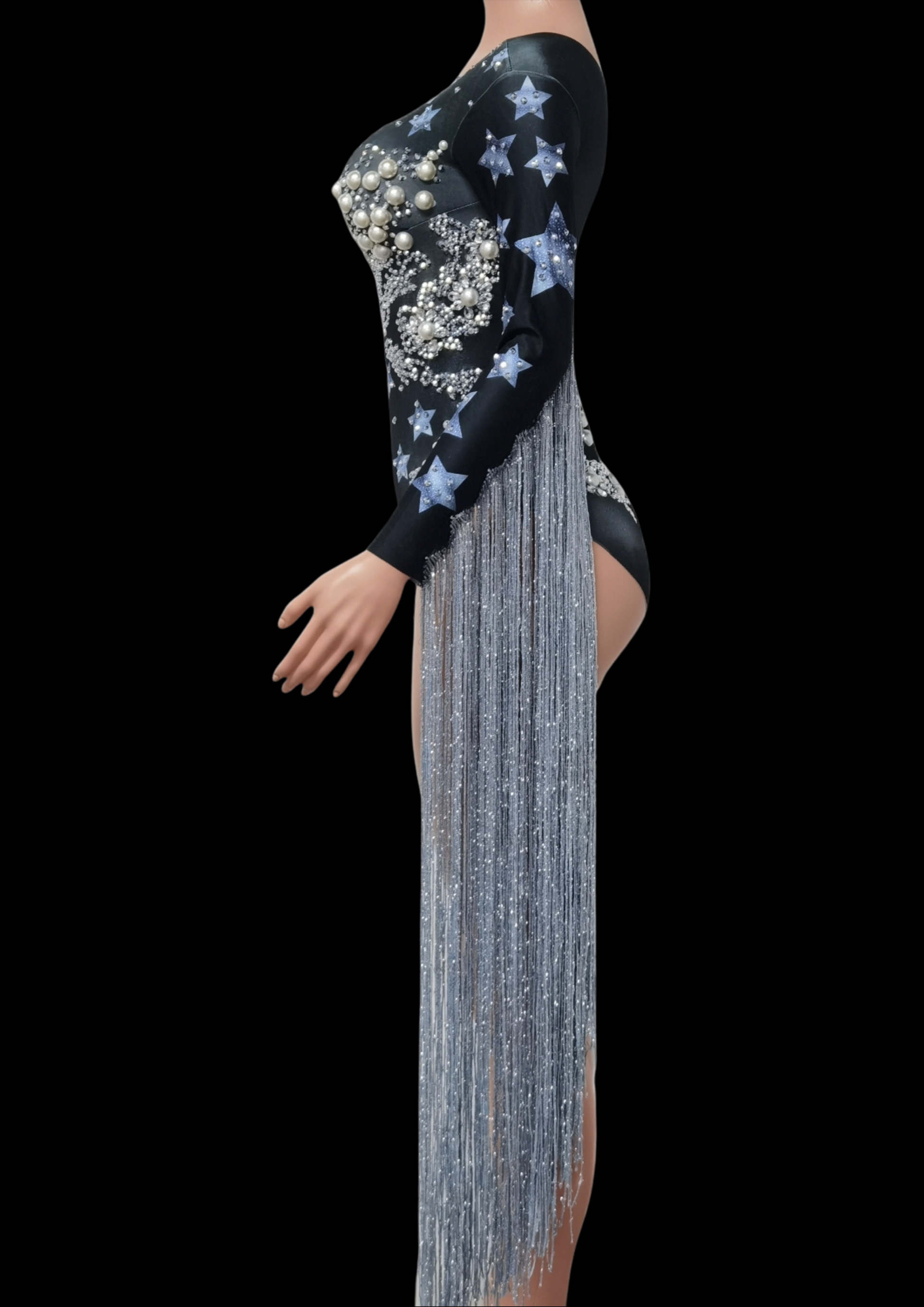 Party Romper Claire with star and pearl embellishments and silver fringe detailing.