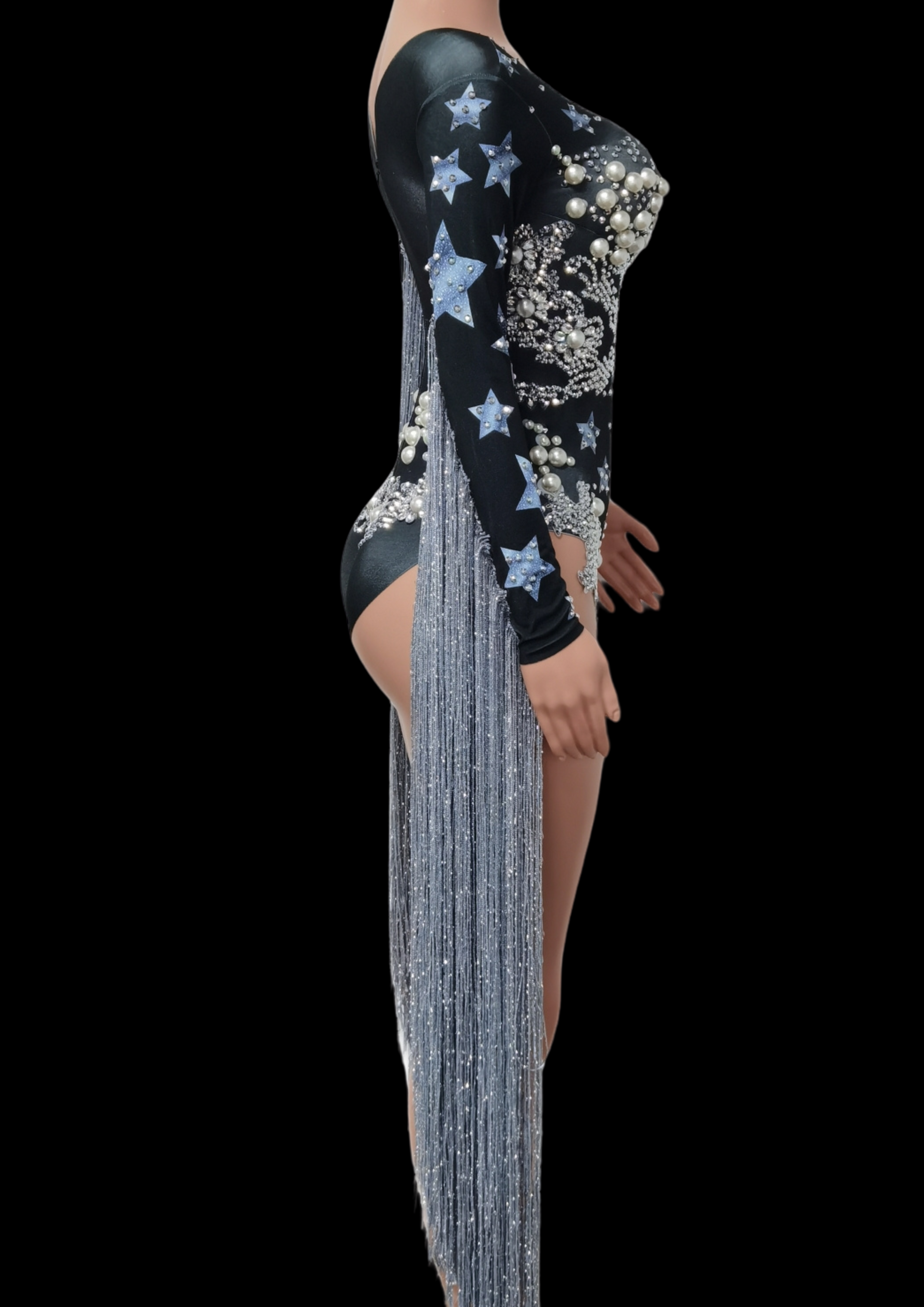 Party Romper Claire with star and pearl embellishments, side view.