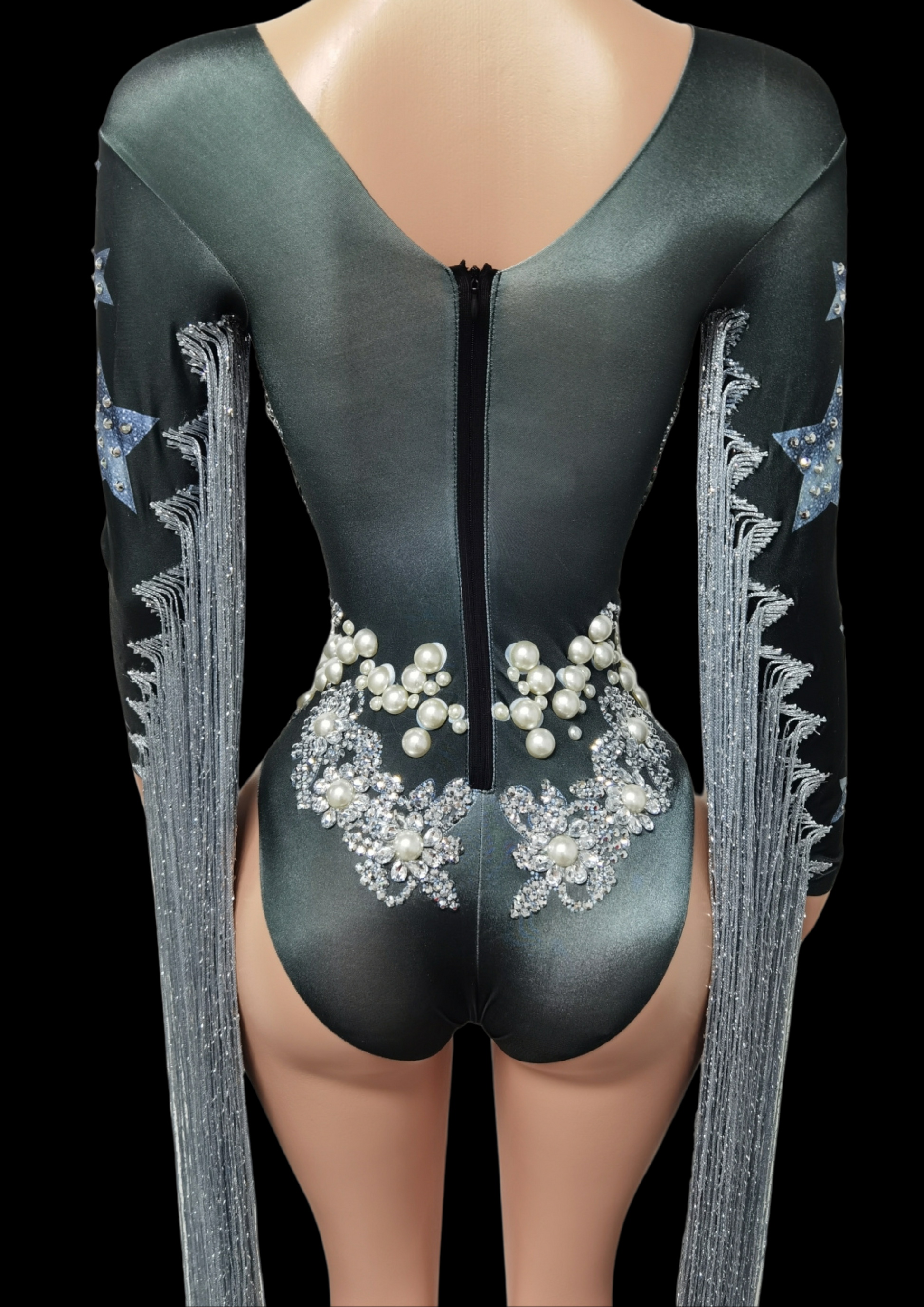 Party Romper Claire with pearl and star embellishments, long fringe sleeves.