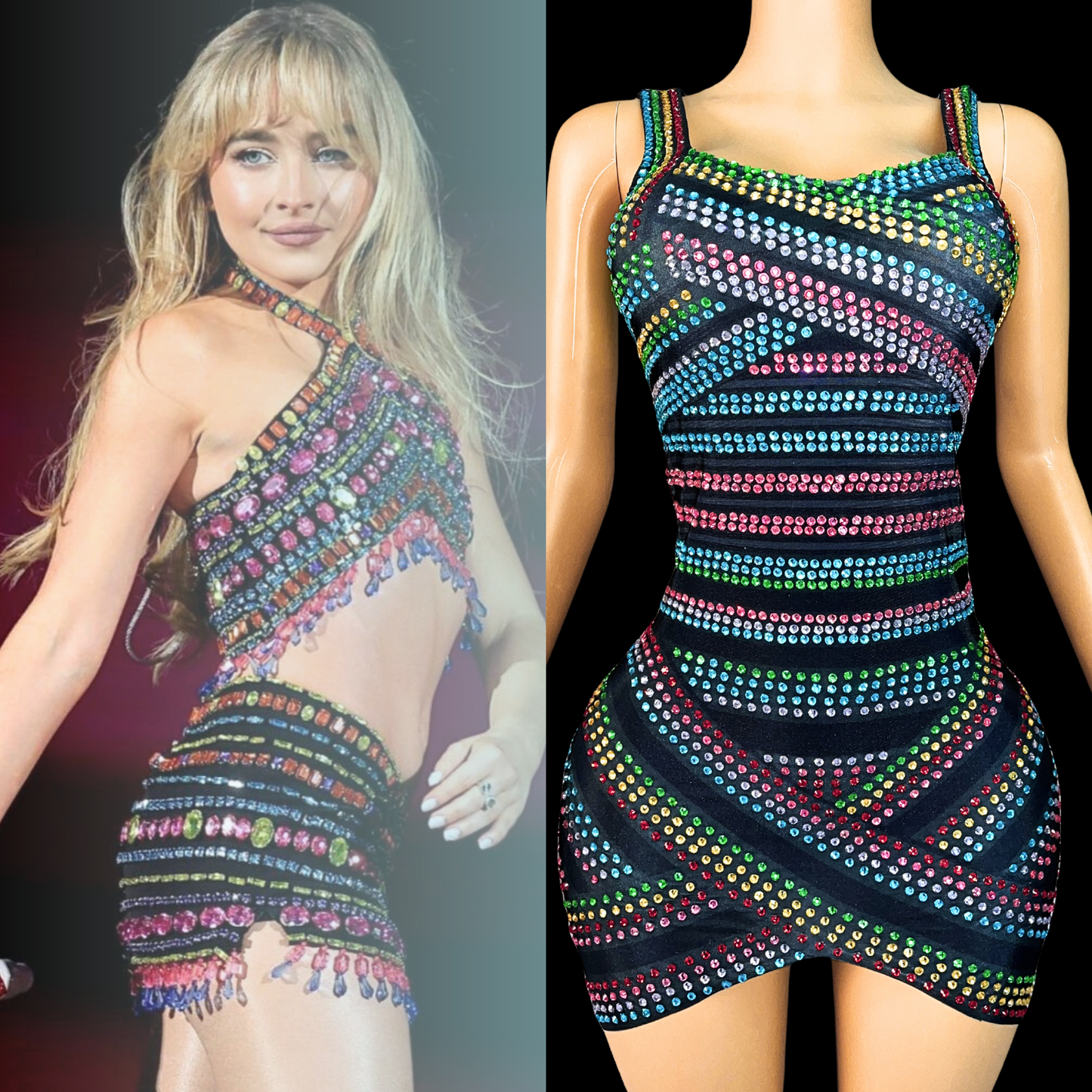 Neon Lights mini dress inspired by Sabrina Carpenter, featuring colorful rhinestone patterns.