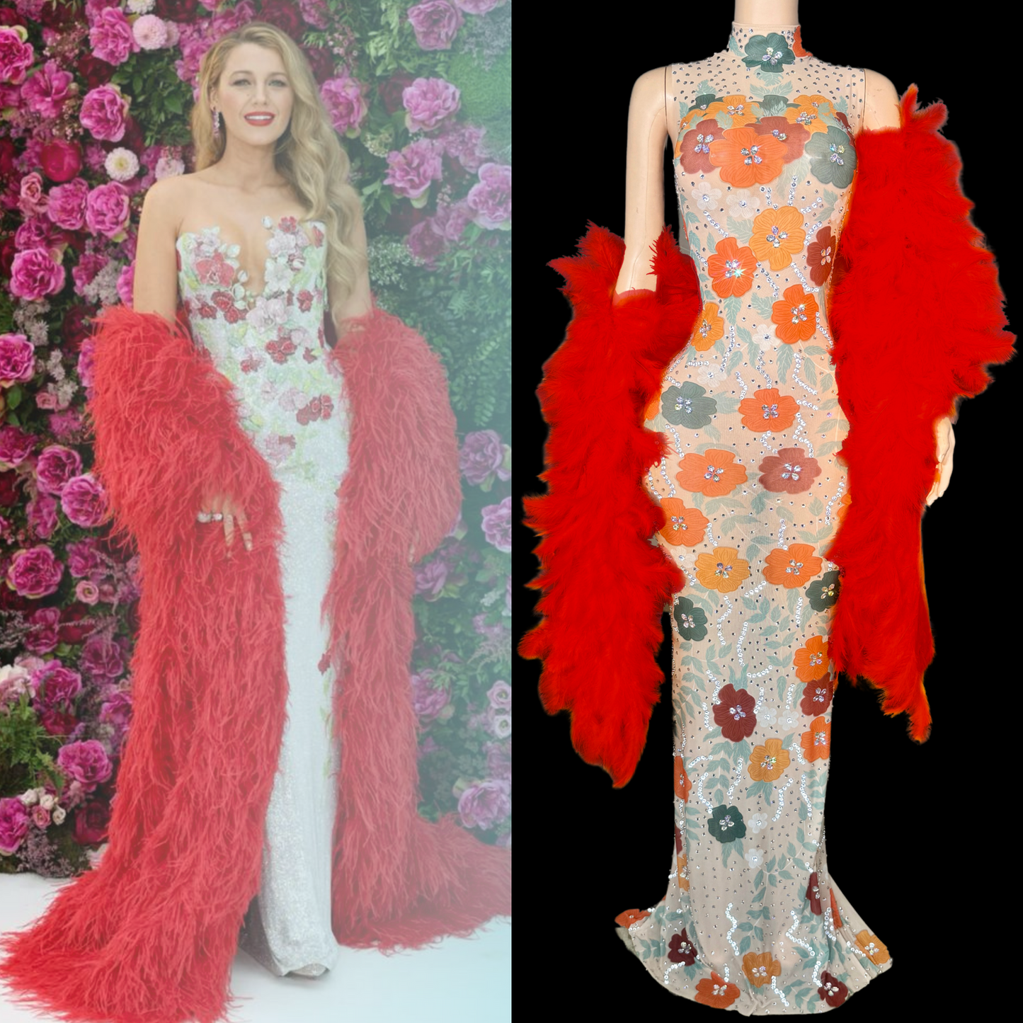 Maxi dress with floral design, inspired by Blake Lively, featuring vibrant red boa.