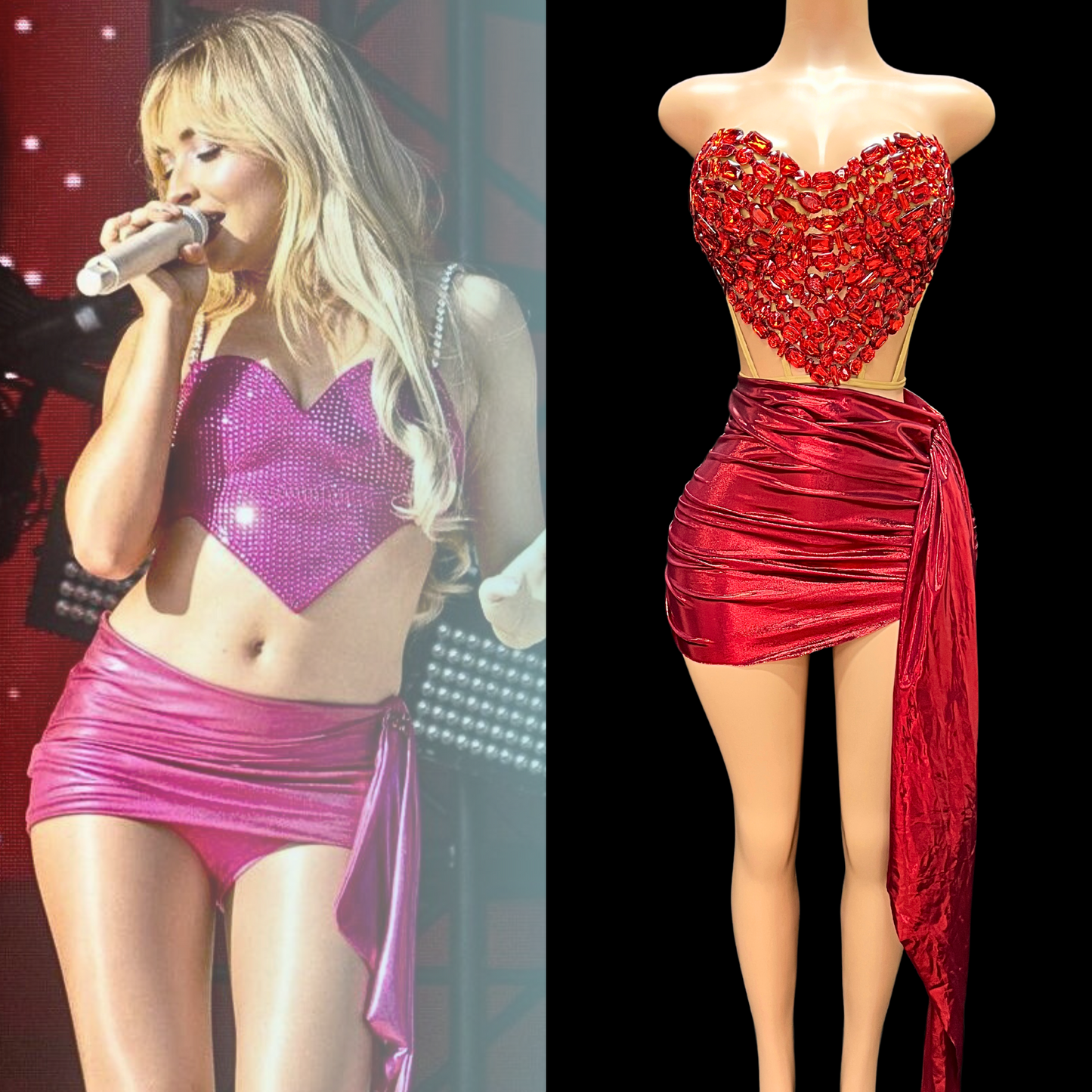 Co-Ord Set with red heart-shaped top and matching skirt on mannequin.