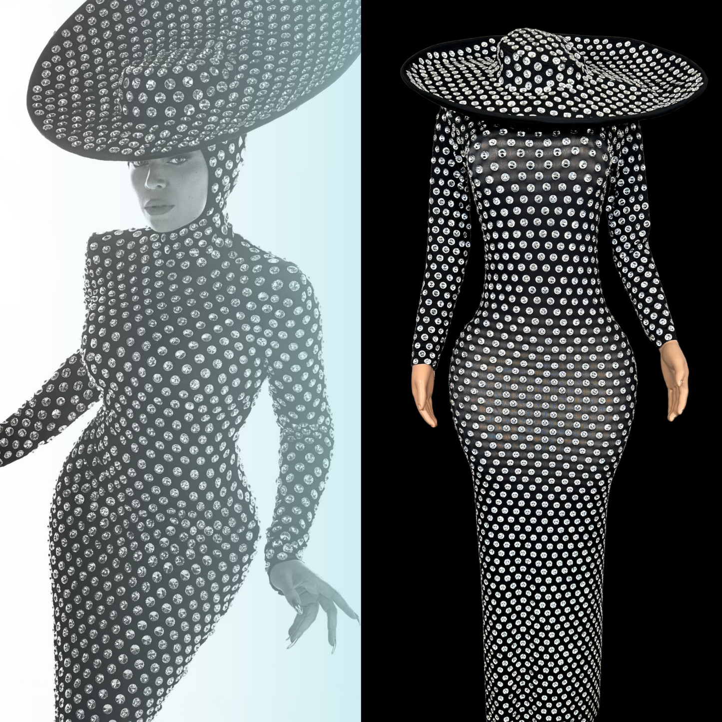 Party costume set with intricate pattern, inspired by iconic fashion style.