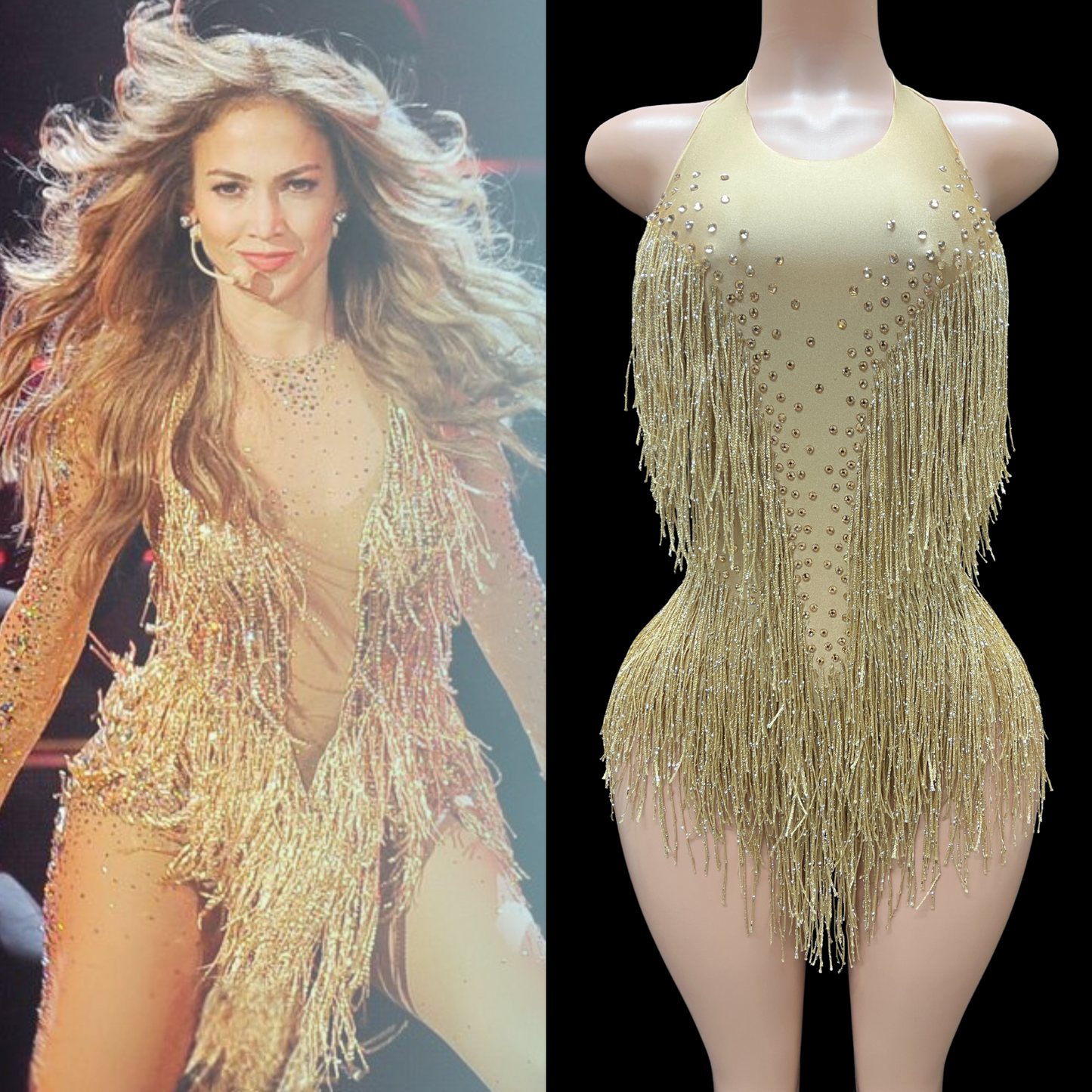 Gold party romper with fringe details inspired by Jennifer Lopez, displayed on a mannequin.