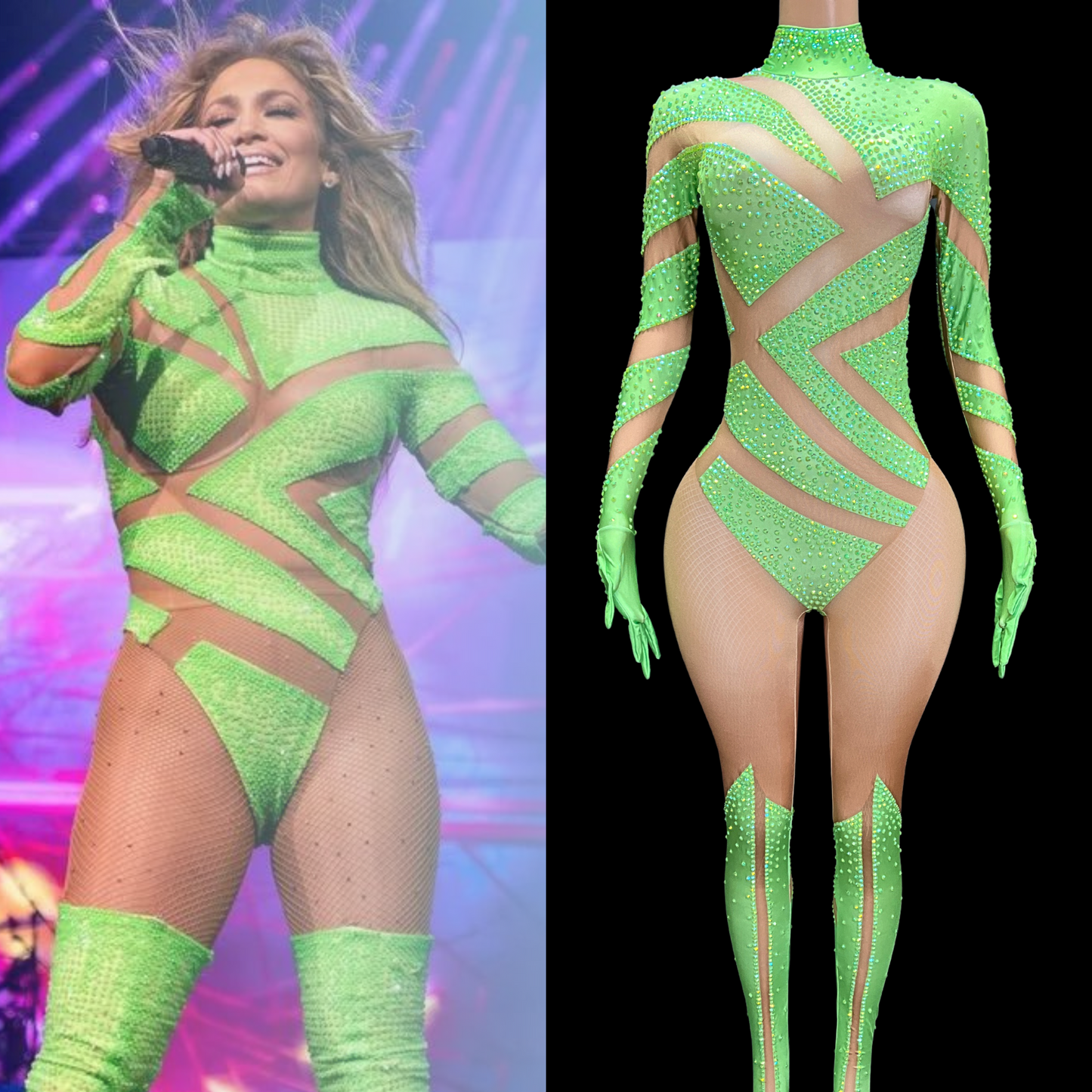 Neon green party jumpsuit inspired by Jennifer Lopez with sheer cutouts and rhinestone embellishments.