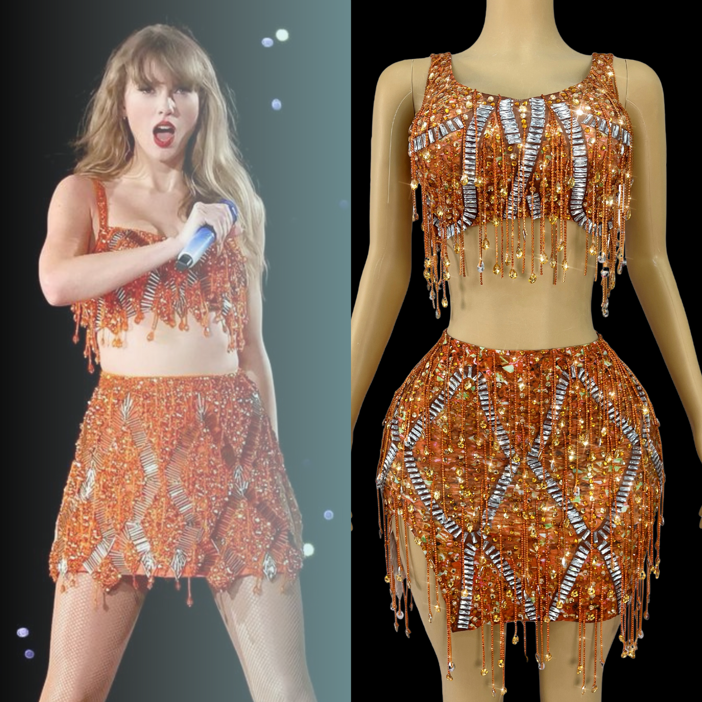 Amber Allure Co-Ord Set, inspired by Taylor Swift, orange sequin outfit on mannequin.