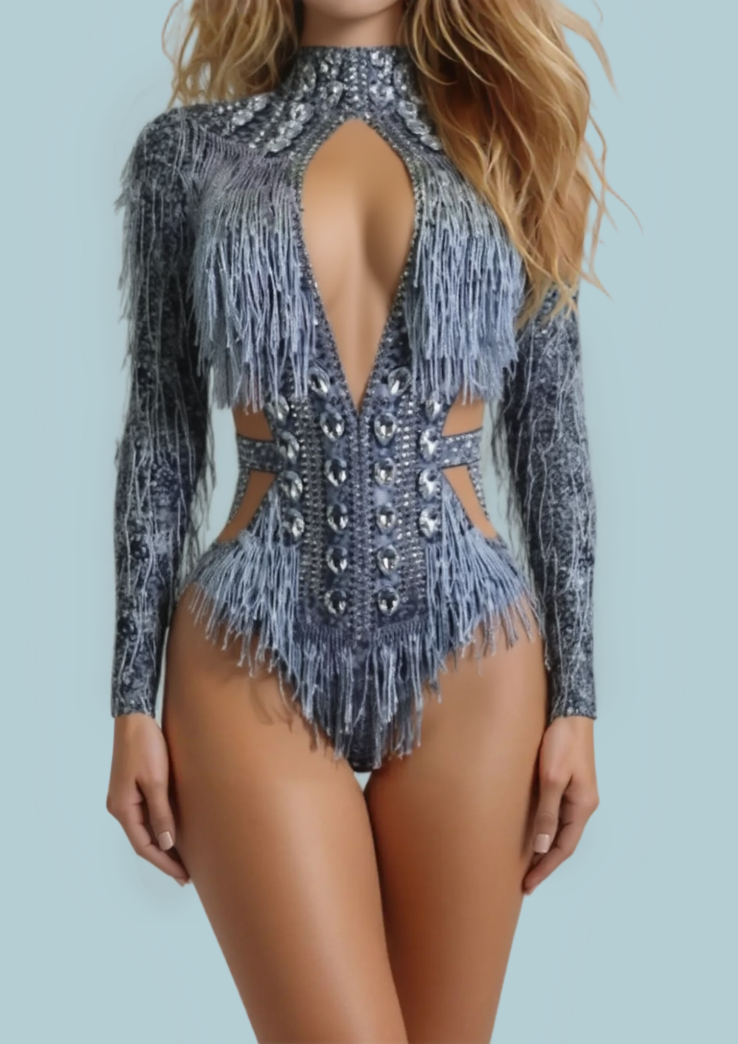 Party Romper: Free Spirit, fringed and embellished design, model wearing.