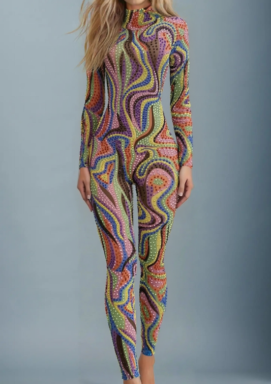 Colorful Party Jumpsuit Neona with vibrant abstract patterns, long sleeves, and fitted silhouette.