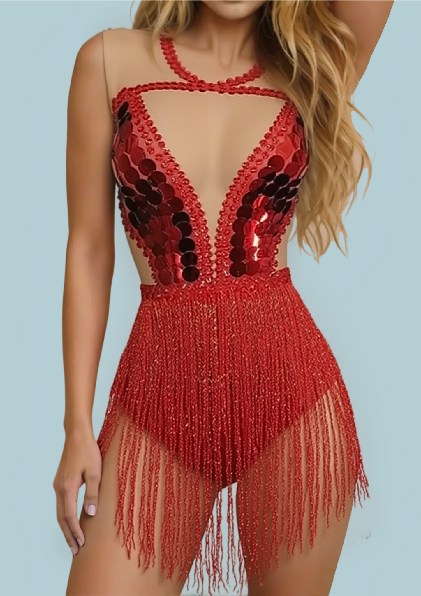 Red party romper with sequin detailing and fringe accents, designed for stylish events.