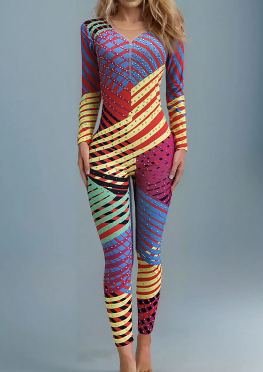 Colorful geometric party jumpsuit on mannequin with vibrant sunburst pattern.