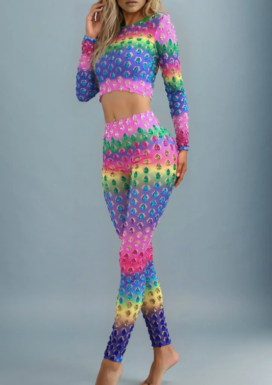Rainbow-patterned co-ord set showcasing vibrant colors and fitted design.
