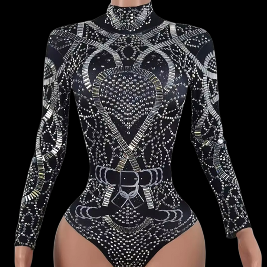 Midnight Armor Party Romper with intricate silver patterns and long sleeves.