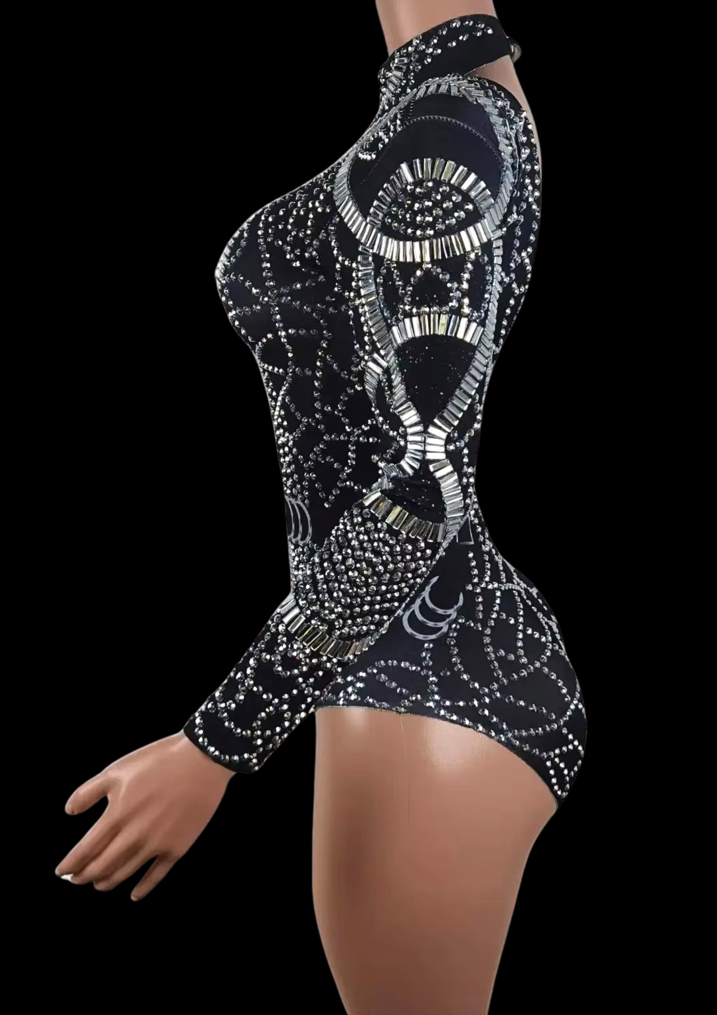 Party Romper: Midnight Armor with intricate beadwork and long sleeves, side view on mannequin.