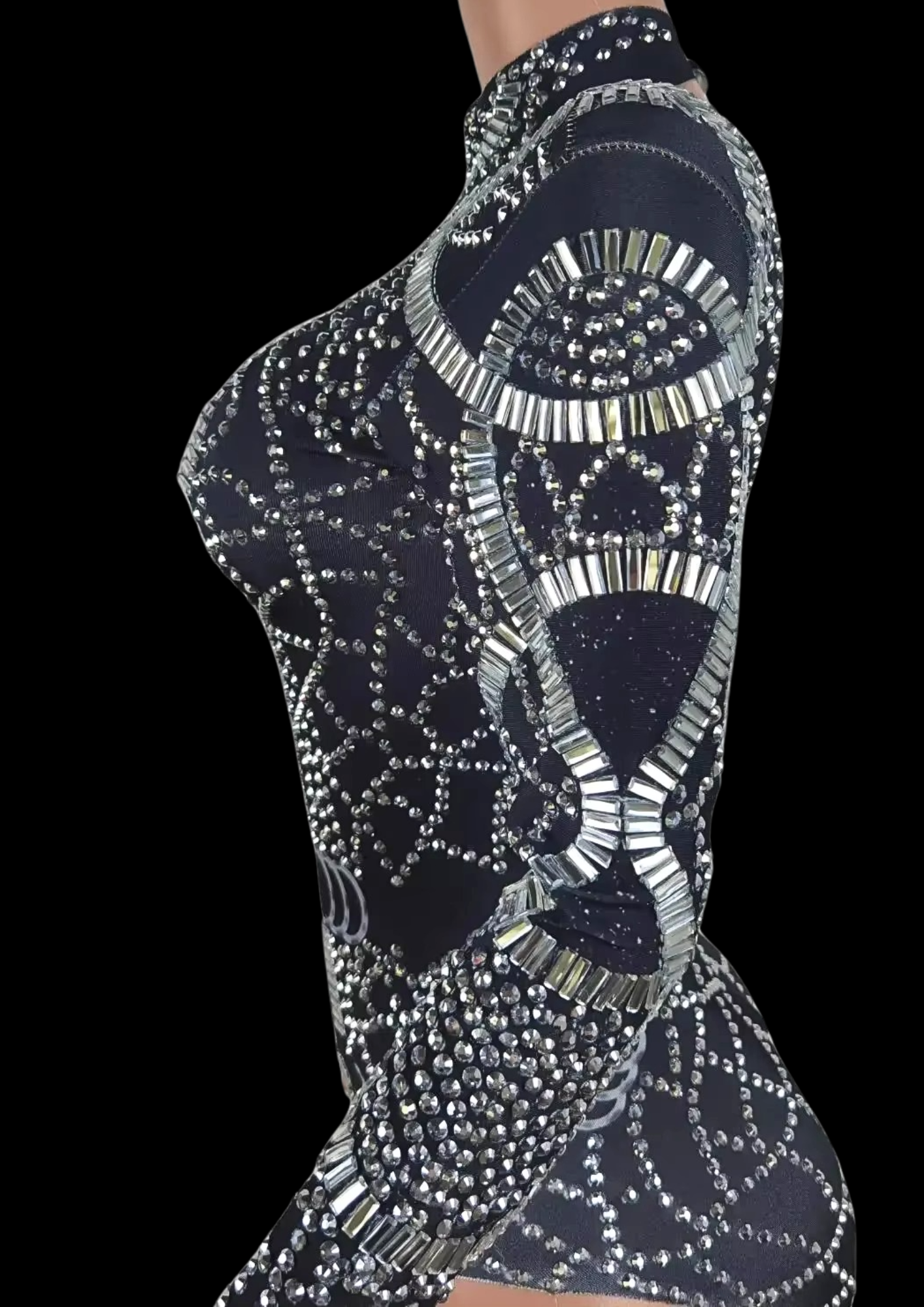 Party romper in black with intricate silver embellishments on mannequin.
