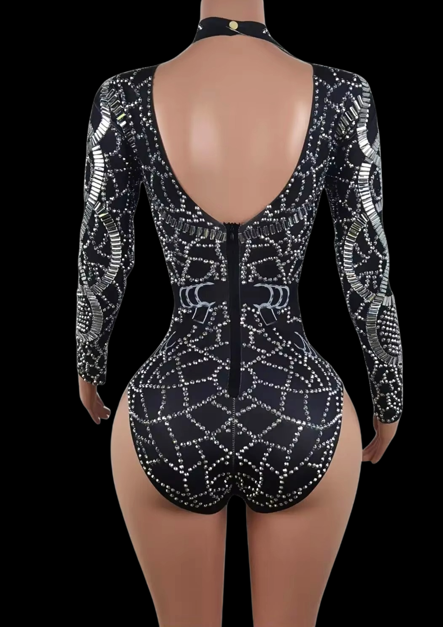 Back view of Midnight Armor party romper with silver embellishments.