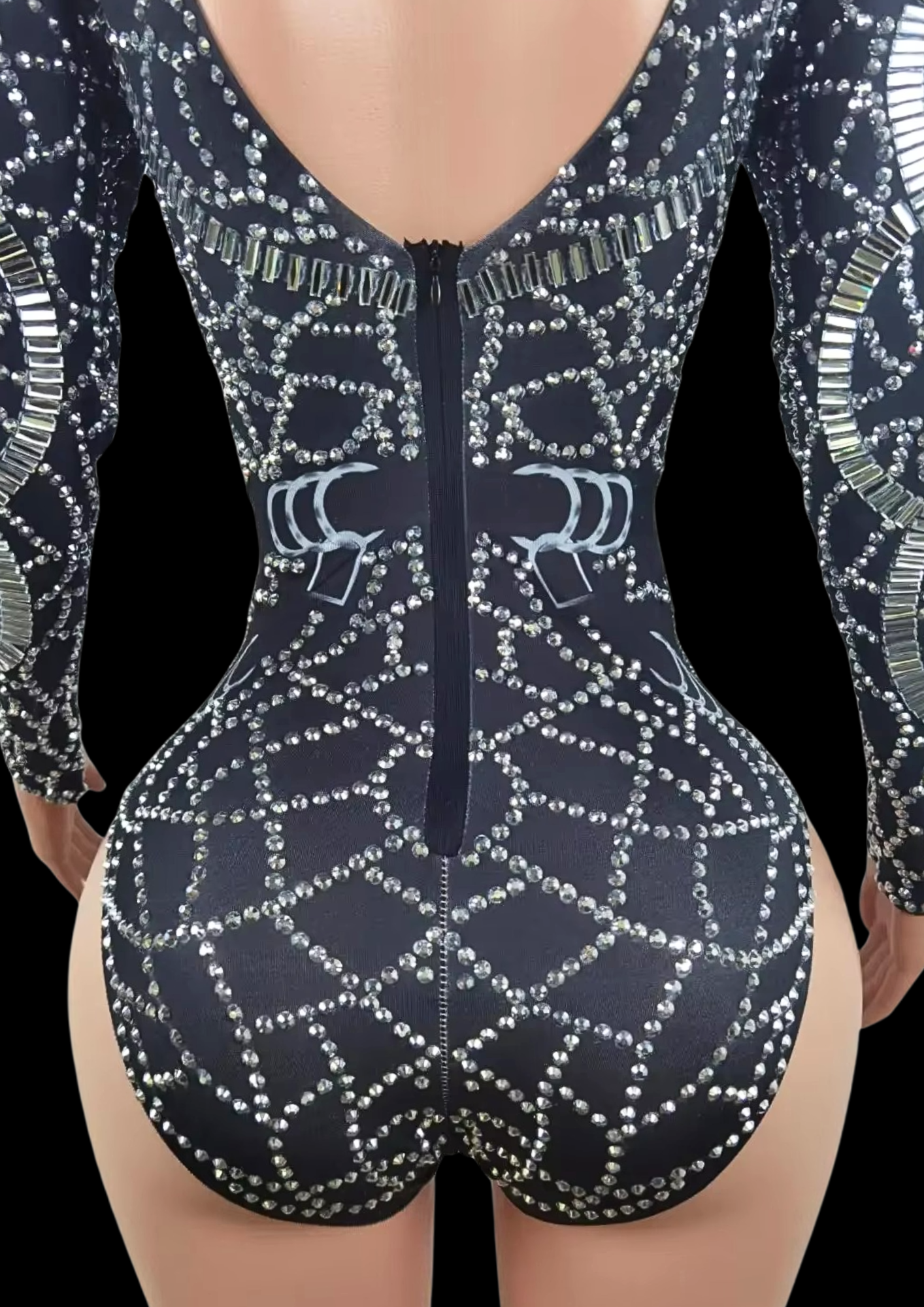 Midnight Armor party romper with intricate bead detailing on mannequin.