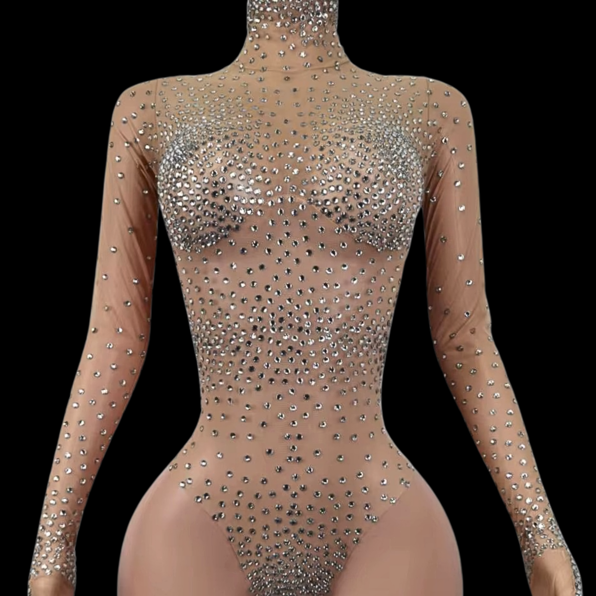 Sparkling party romper with sheer, embellished design.