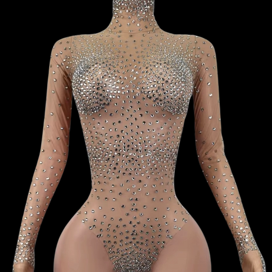 Sparkling party romper with sheer, embellished design.