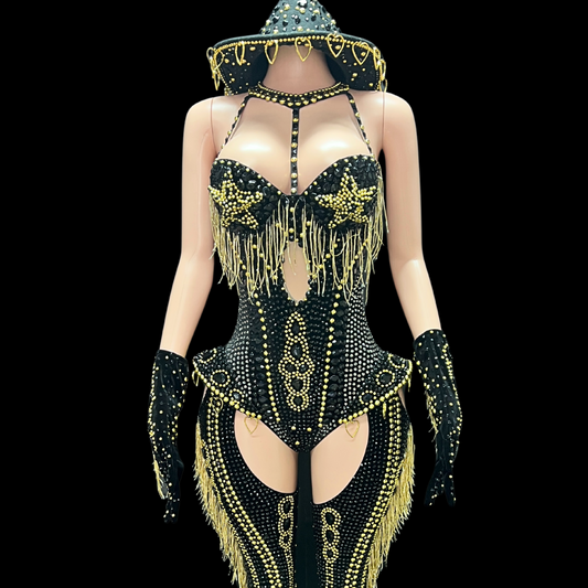Black rodeo doll party costume set inspired by Beyoncé with gold embellishments and fringe detailing.