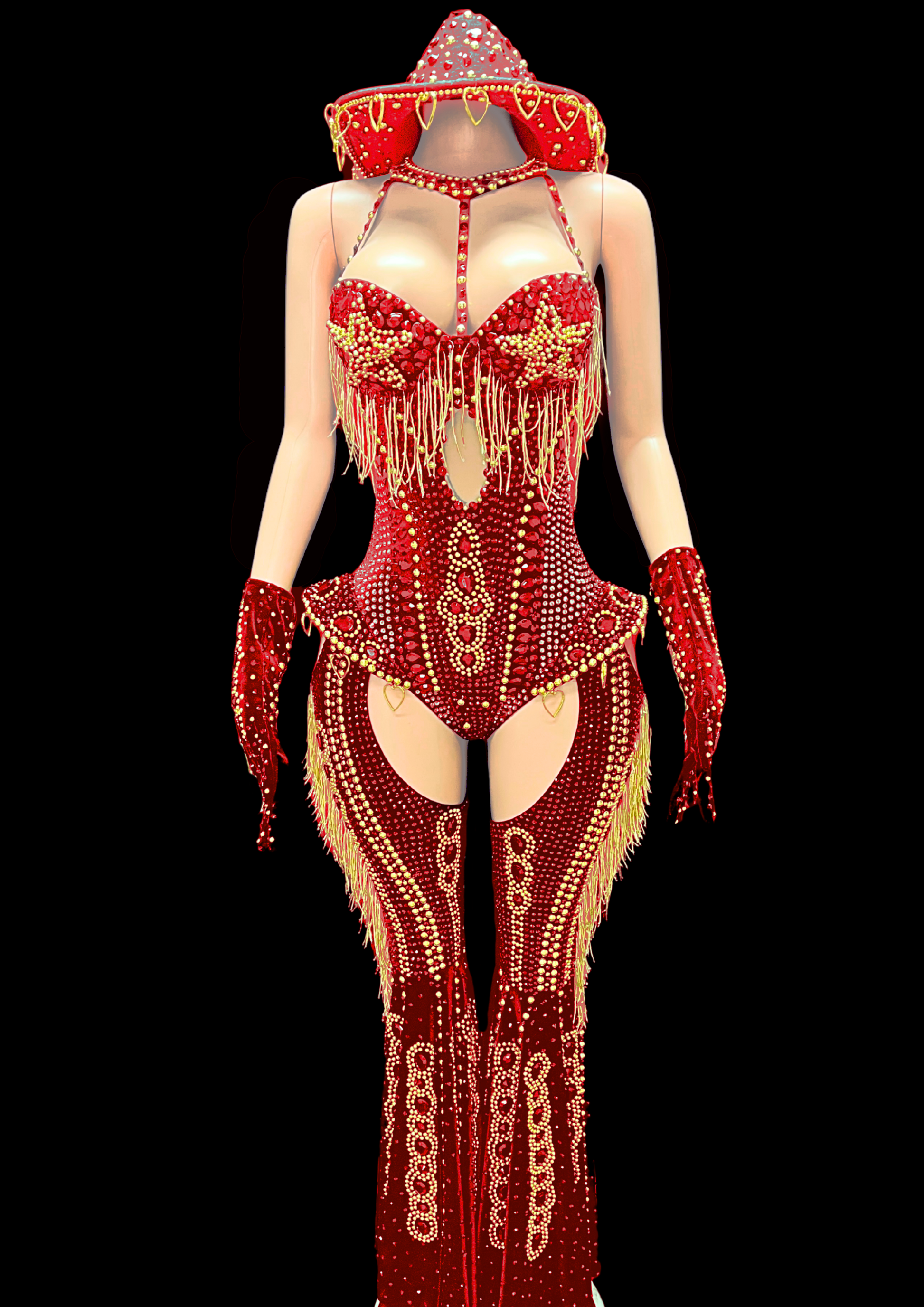 Red rodeo doll costume set inspired by Beyoncé, featuring intricate details and matching gloves.
