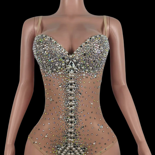Party Romper: Sweet Edge with intricate rhinestone detailing on mannequin.