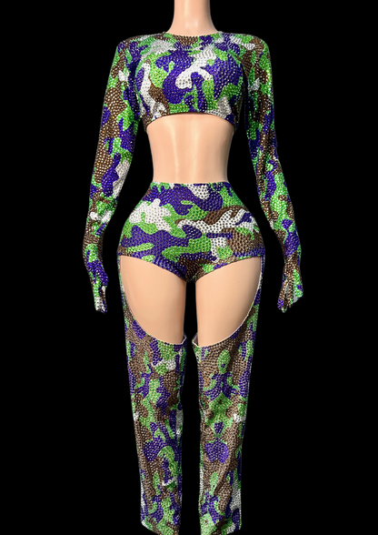 Colorful army-inspired party costume set with crop top and high-waisted bottoms.