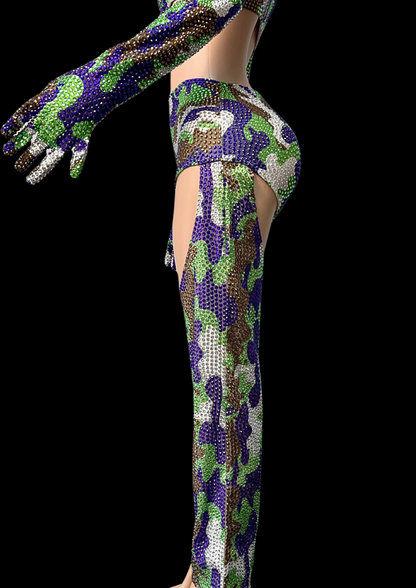 Party costume set resembling army attire with green, purple, and white sequin pattern.