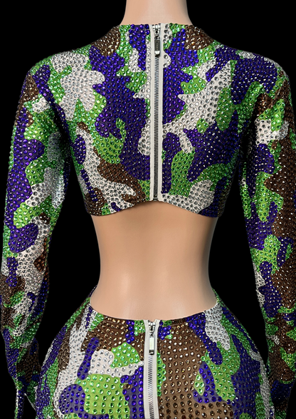Party costume set in sequin camo print, inspired by Beyoncé.