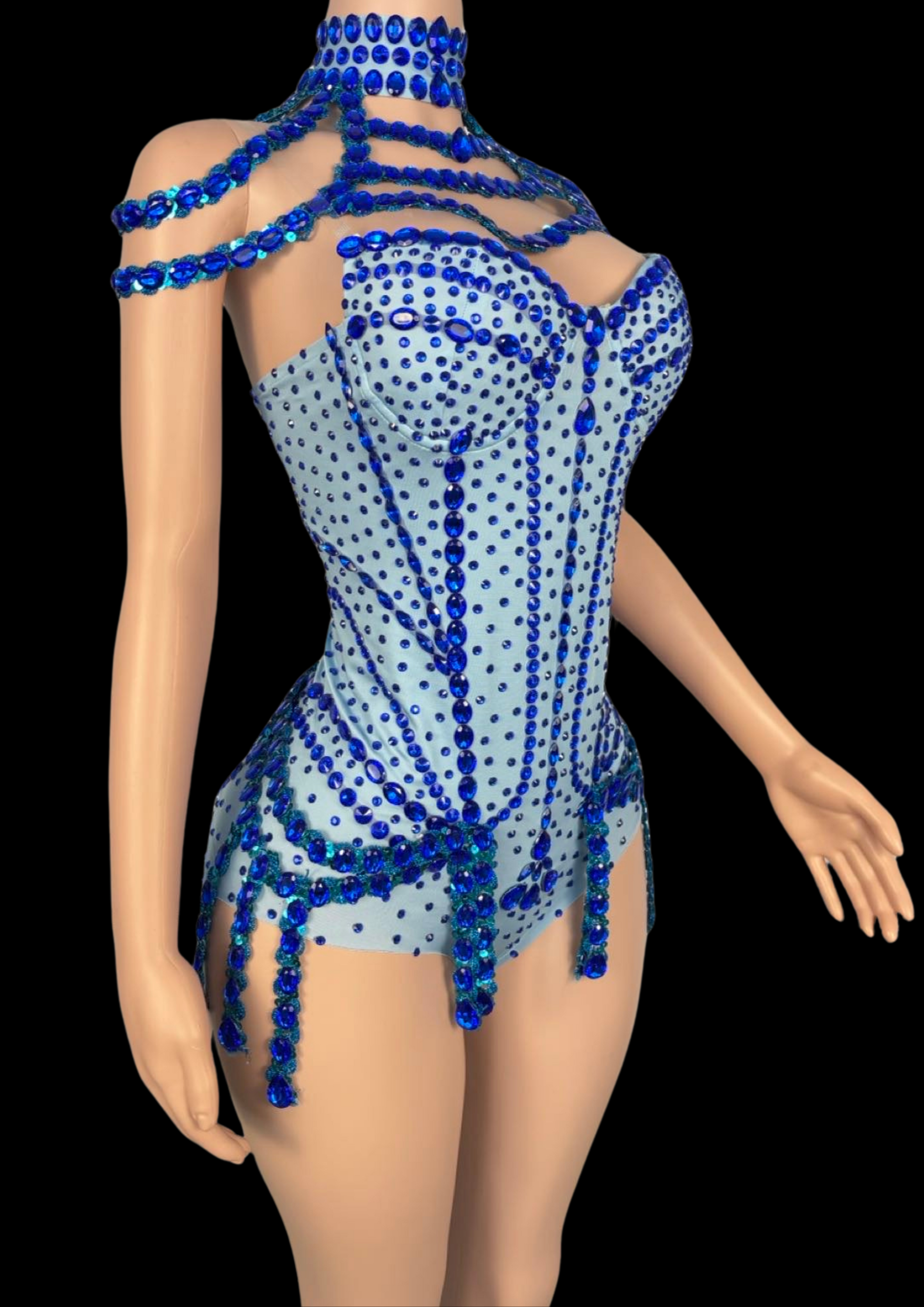 Party Romper: Stage Siren inspired by Sabrina Carpenter with blue embellishments.