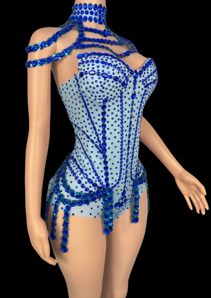 Party Romper: Stage Siren inspired by Sabrina Carpenter with blue embellishments.