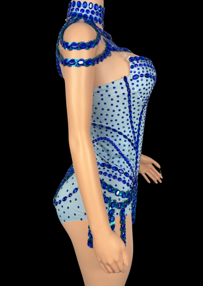 Party Romper: Blue jeweled romper inspired by Sabrina Carpenter, side view.