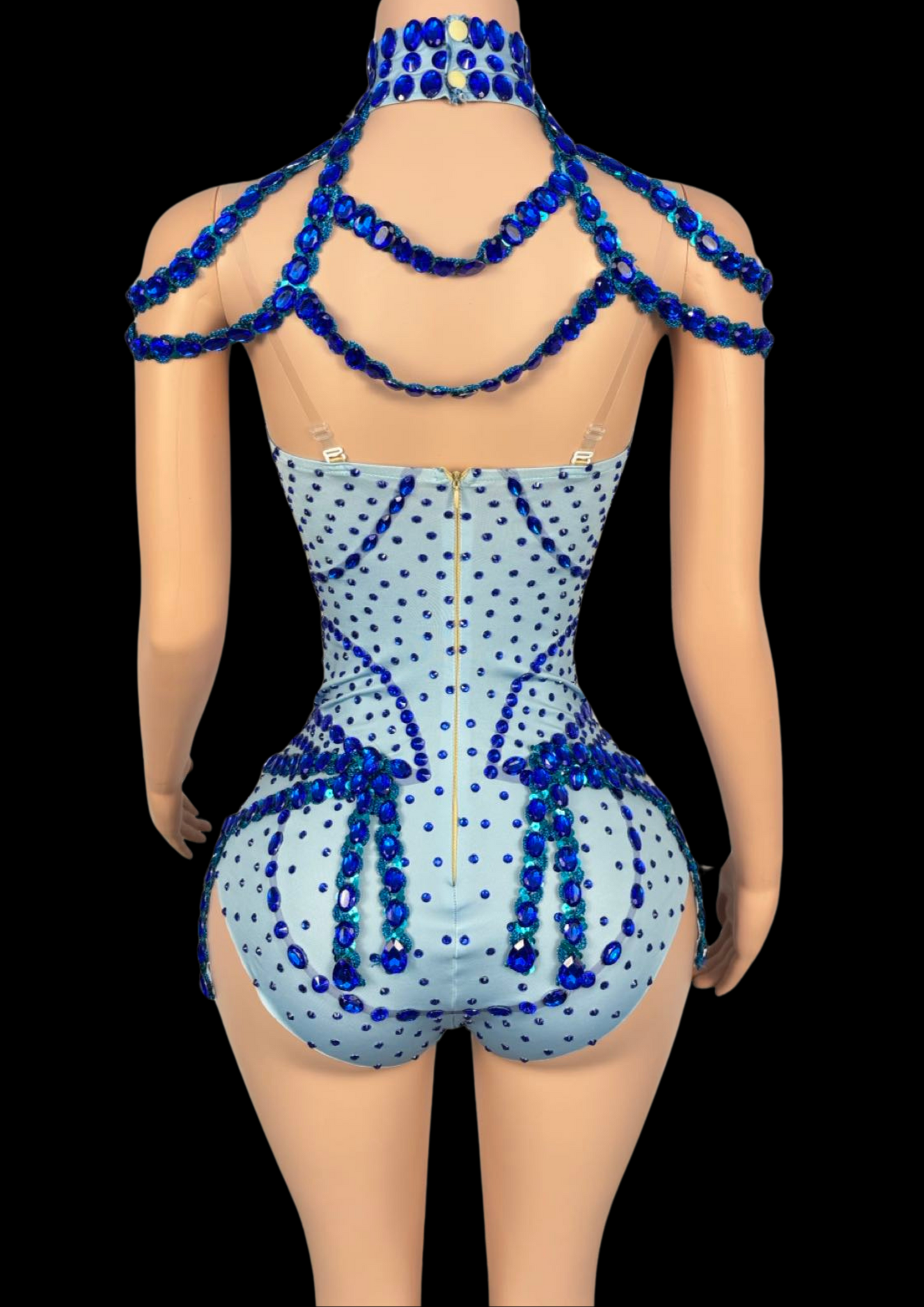 Rear view of blue sequined party romper with intricate beadwork, inspired by Sabrina Carpenter.