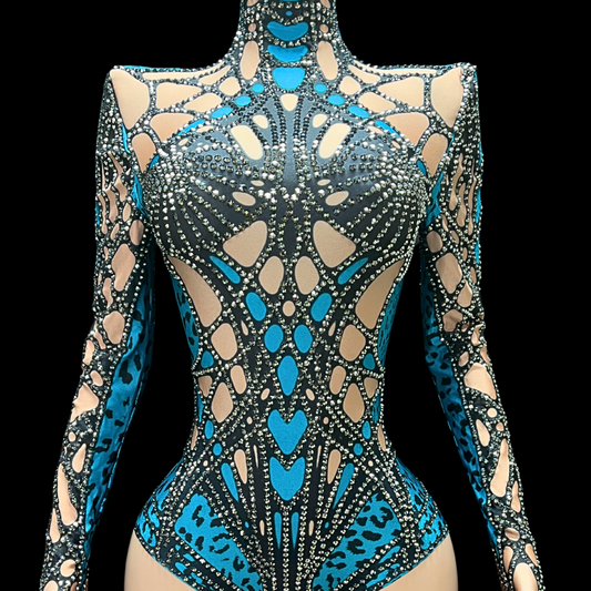 Party Romper: Mexa, intricate design, blue pattern, long sleeves, party wear.
