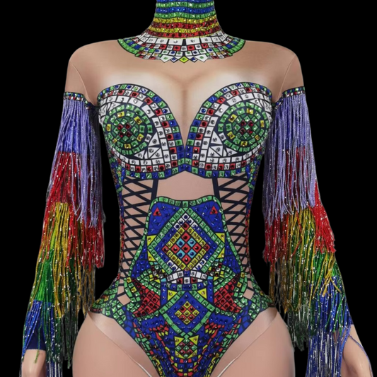 Party romper with tribal design and colorful fringe sleeves.