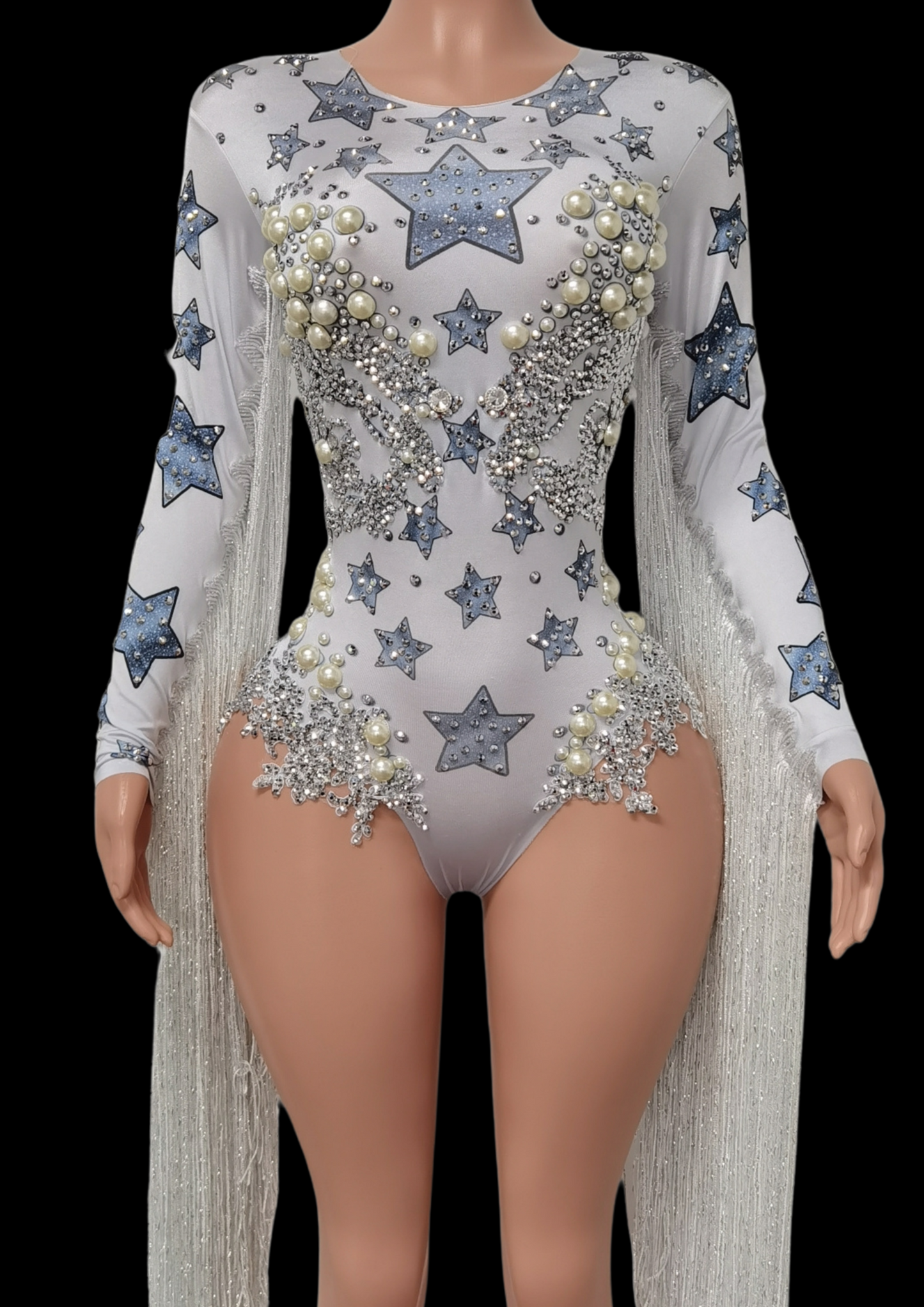 Luxurious star-patterned party romper with pearl and sequin embellishments, designed for special events.