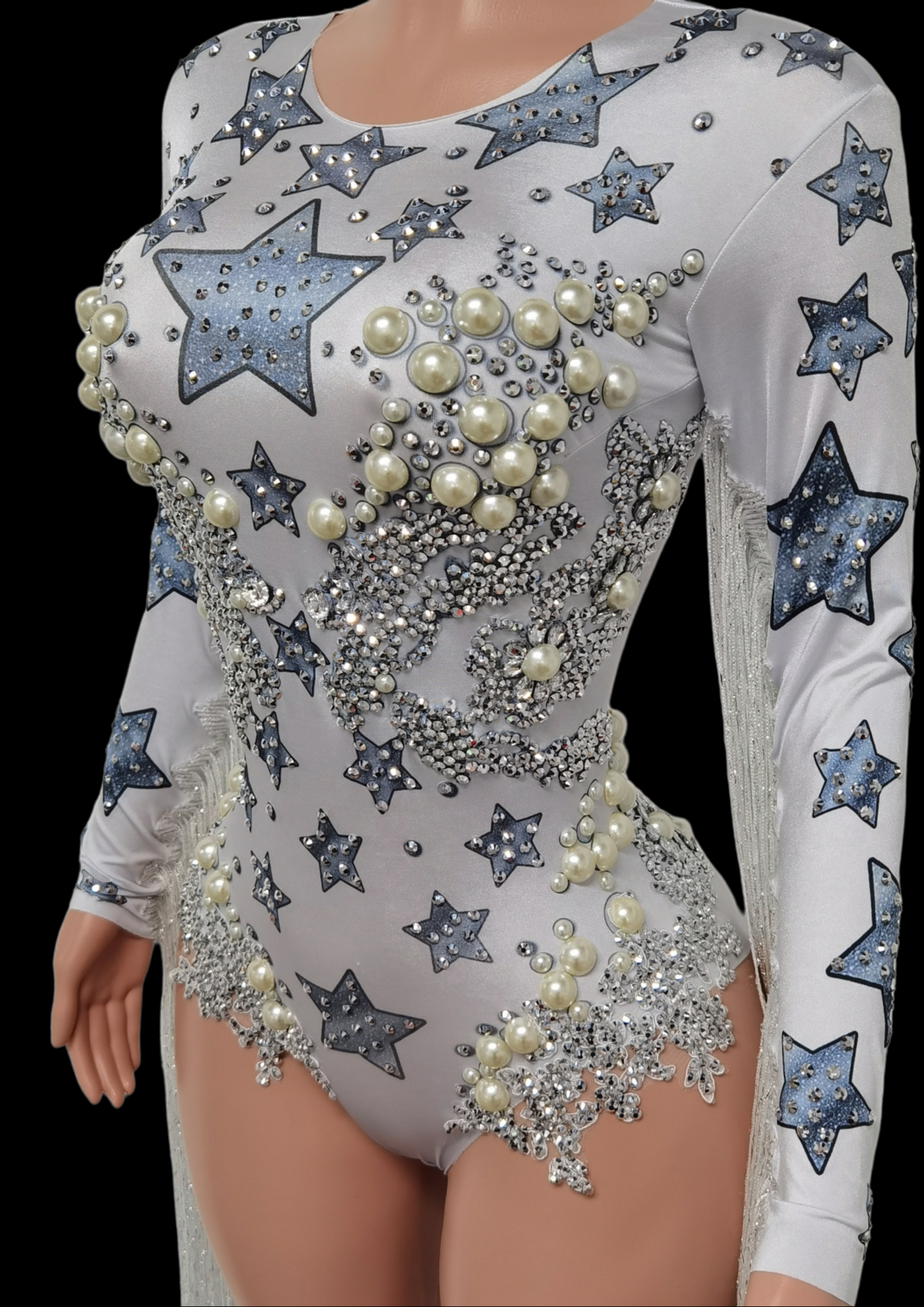 Party romper Chloe with star and pearl embellishments, long sleeves, designed for events.