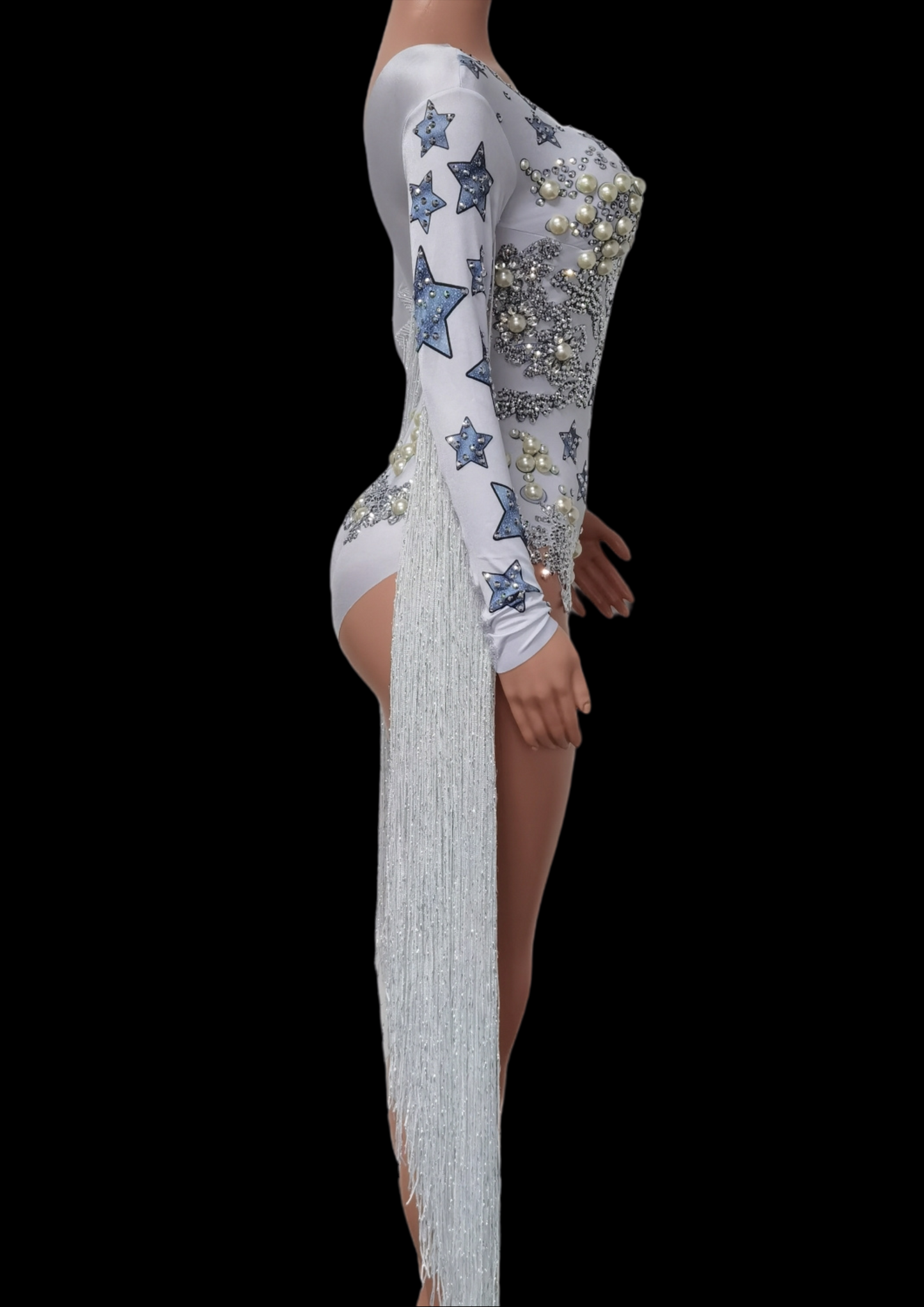 Party Romper Chloe with star and pearl embellishments, side view.
