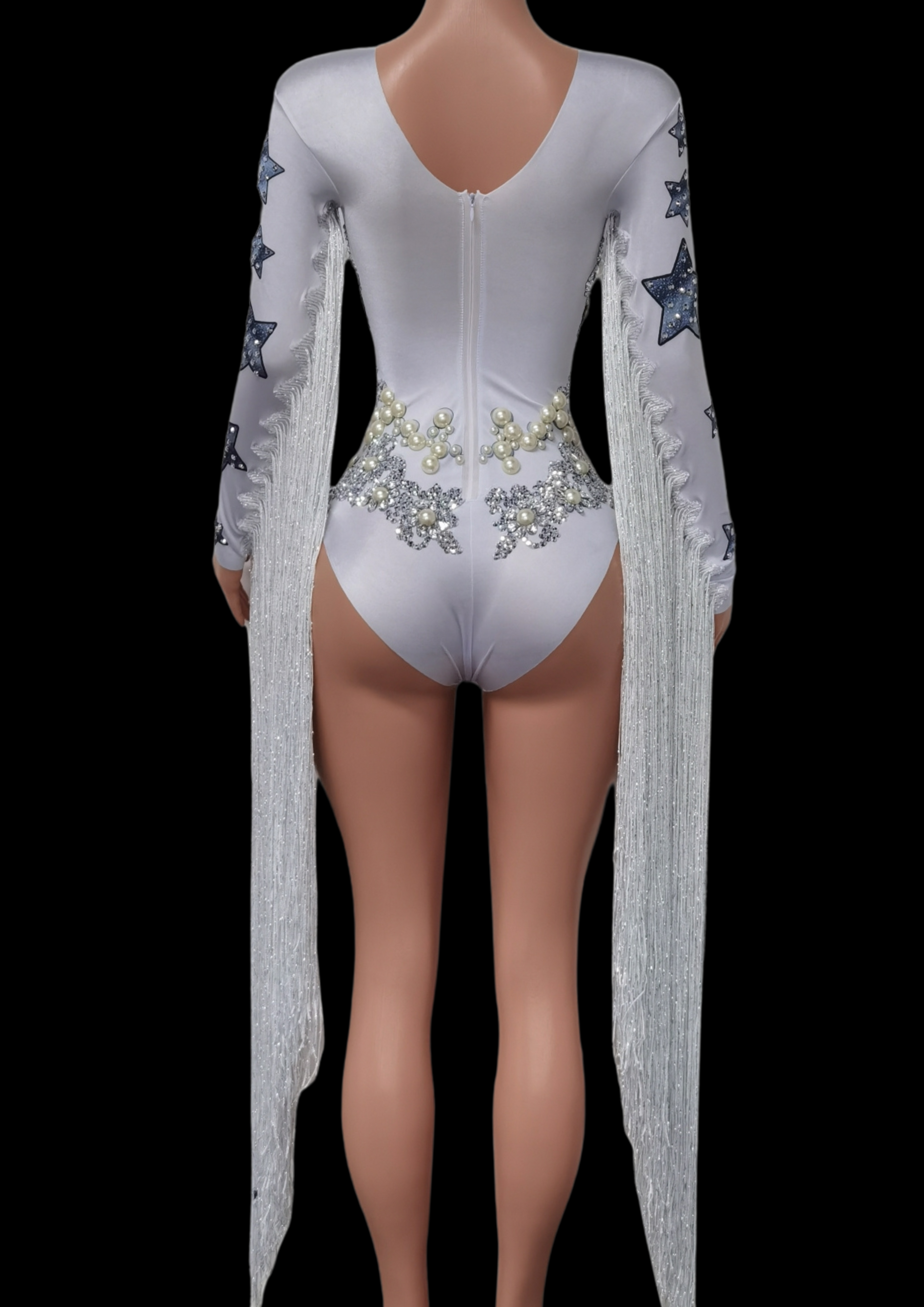 Party Romper Chloe with star embellishments and fringe detail, rear view on mannequin.