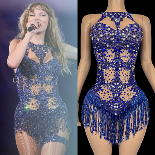 Sparkling party romper in Nightfall Haze with a fringed design, inspired by Taylor Swift.