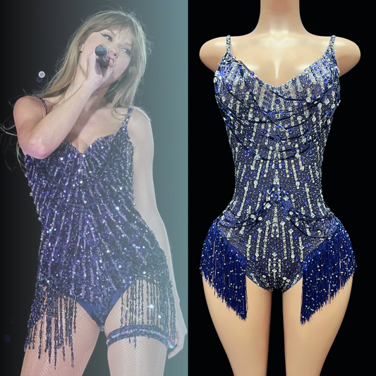 Sparkling blue party romper inspired by Taylor Swift with intricate beadwork.