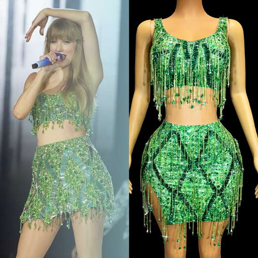 Emerald green Co-Ord Set inspired by Taylor Swift with intricate beadwork on mannequin.