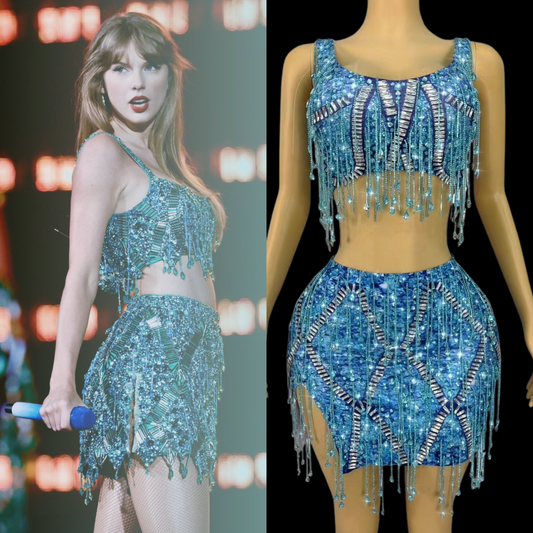 Sapphire Spark co-ord set inspired by Taylor Swift, featuring blue sequined crop top and skirt.
