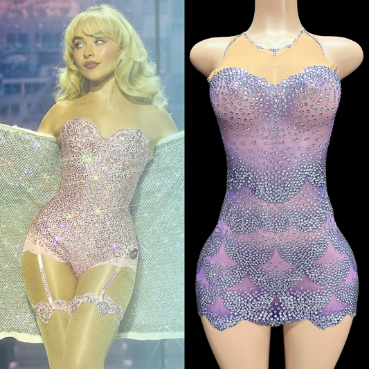 Mini Dress Sweet Seduction inspired by Sabrina Carpenter, embellished purple design on mannequin.