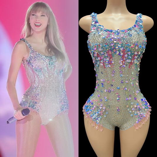 Pink champagne party romper inspired by Taylor Swift, embellished design for special occasions.